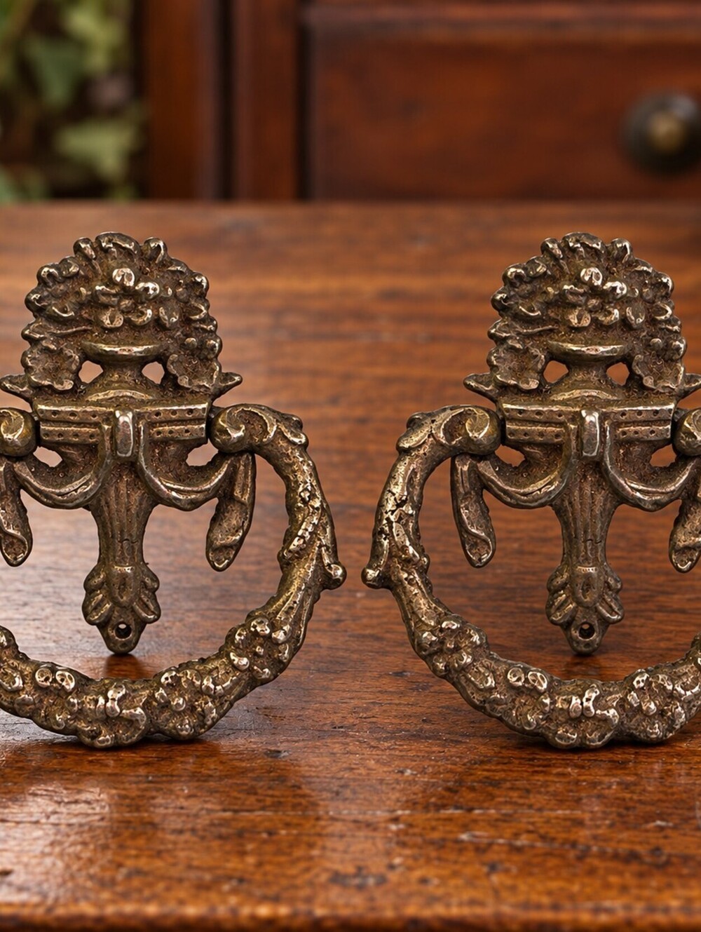 Vintage Ornate Brass Drop Ring Drawer Pulls Pair French Provincial Furniture.